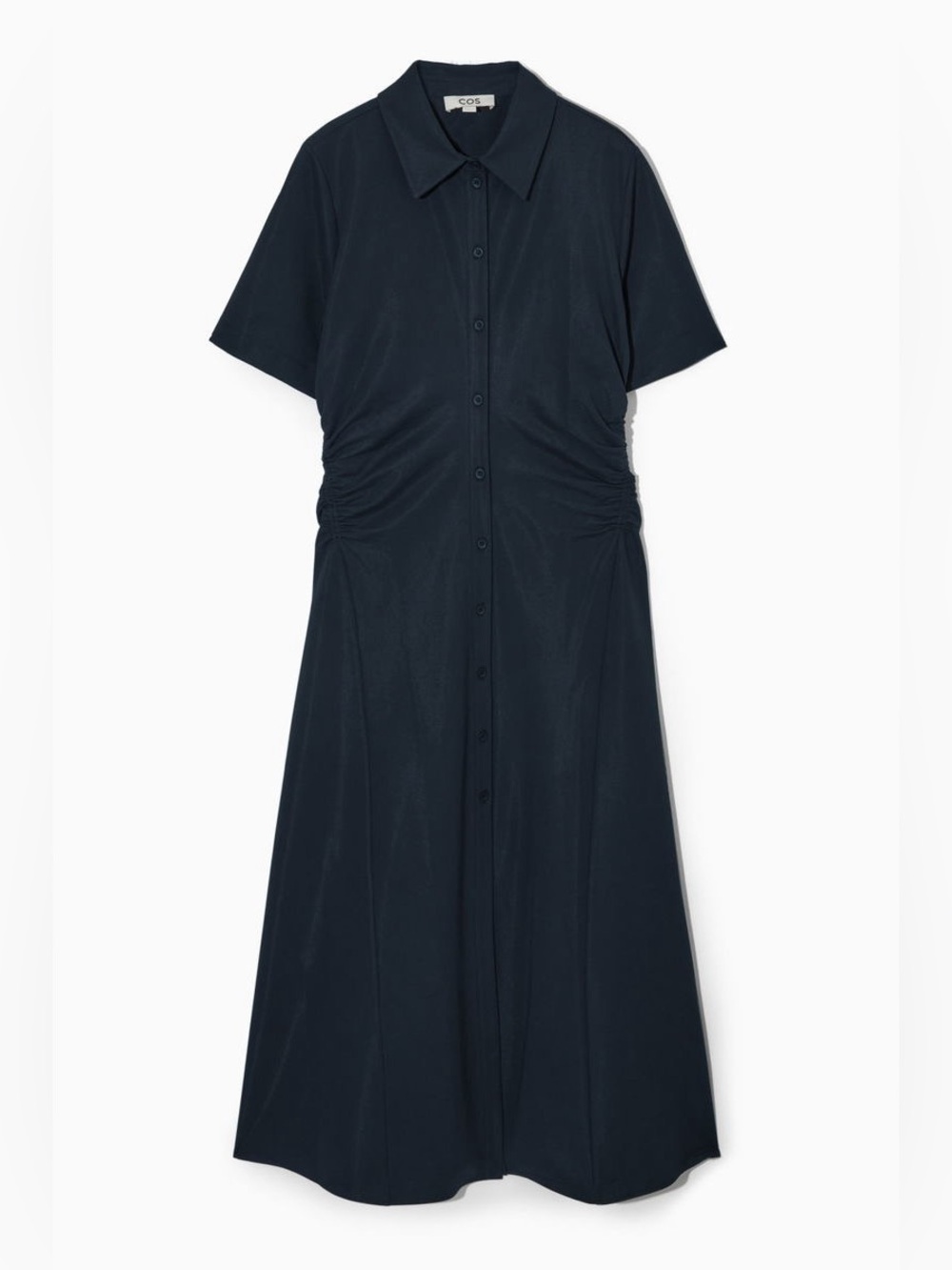 COS Dark Blue Short Sleeve Ruched Button Front Shirt Collared Midi Dress Large - Picture 12 of 12